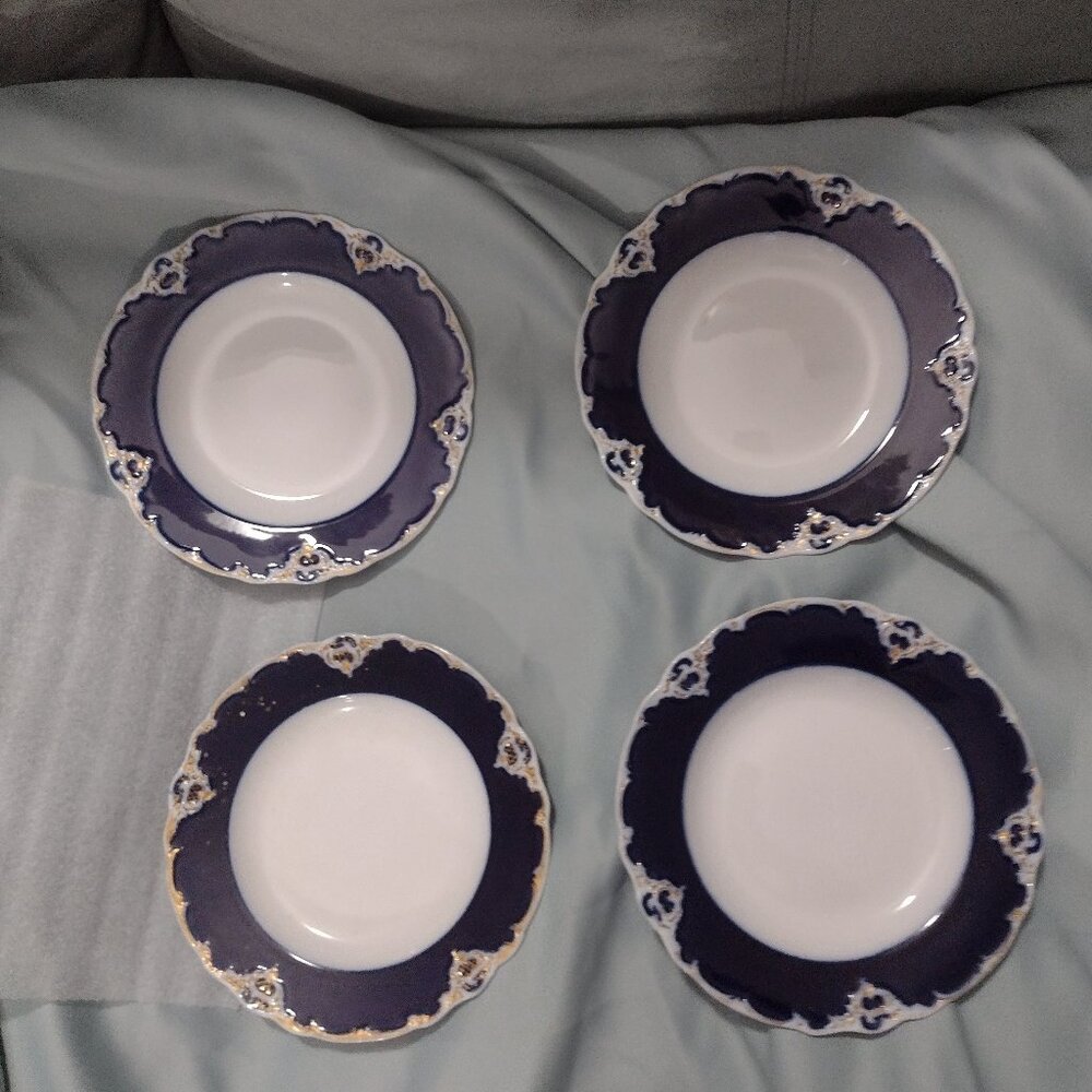 4 side plates/bread plates by Meissen, Germany, cobalt blue, gold, white